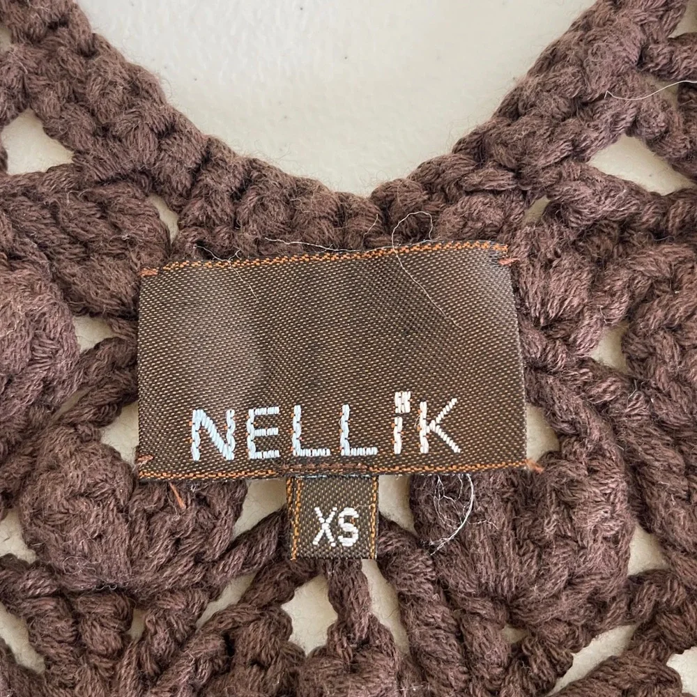 Vintage Nellik Crochet Lace Up Vest Women XS Brown Knit Floral Boho Festival Y2K